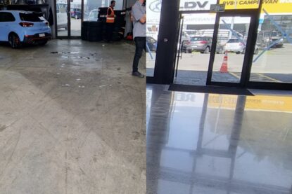 Before and after Workshop polished concrete floor Tauranga NZ Grinders