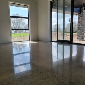 photo of salt and pepper polished concrete floor in lounge area looking towards windows with reflection