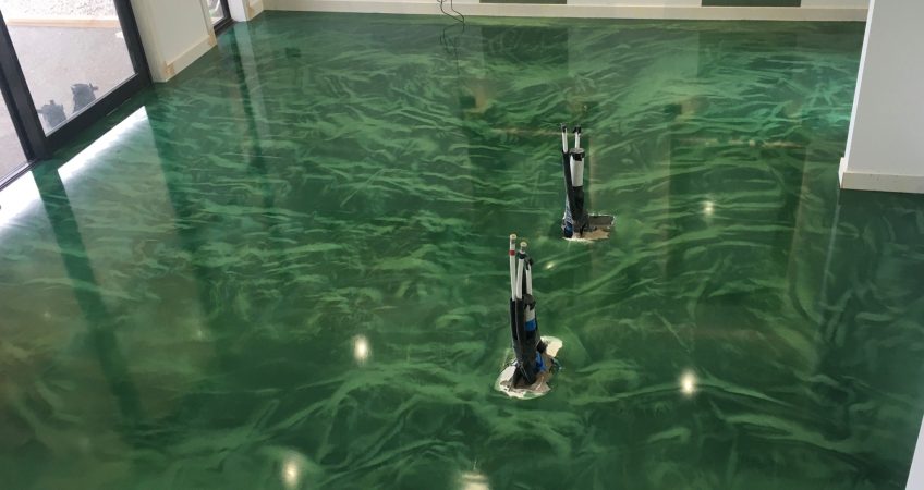 Green swirled epoxy resin flooring