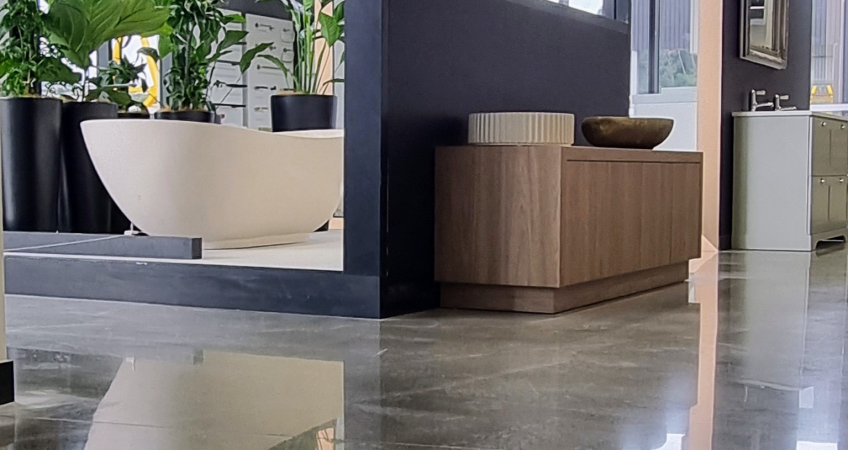 Salt and pepper diamond polished floor harrison bloy retail showroom