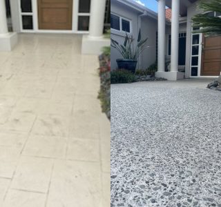 Before and after images of a yellow stamped concrete driveway transformed to a bush hammered driveway with stone exposure