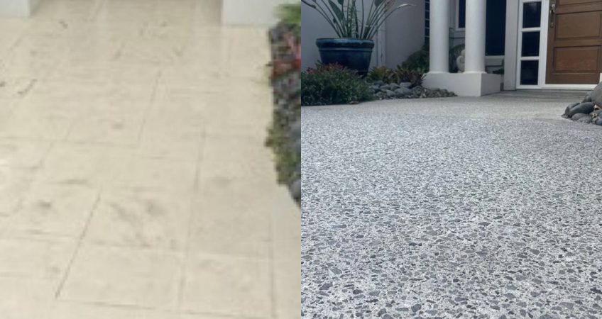 Before and after images of a yellow stamped concrete driveway transformed to a bush hammered driveway with stone exposure