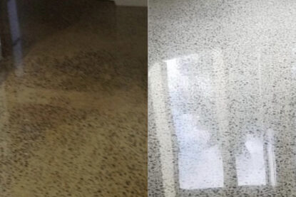 side by side comparison of a cheap grind and seal floor that has yellowed with age next to a refurbishment view of the same floor after white and gleaming