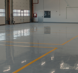 image of grey epoxy floor in large warehouse with roller door access