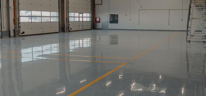 image of grey epoxy floor in large warehouse with roller door access
