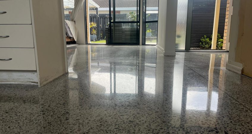 Kitchen diner polished concrete floor NZ Grinders Tauranga