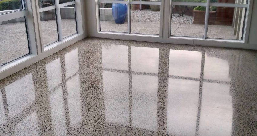 Polished concrete floor lounge residential house Tauranga NZ Grinders Wellington