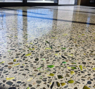 Polished concrete floor seeded with glass