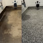 NZ Grinders vinyl flake flooring toilet cubicle Tauranga before and after