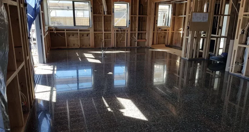 Polished concrete floor dining Tauranga Wellington NZ Grinders