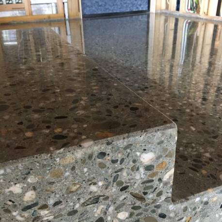 Full stone exposure polished concrete stairs NZ Grinders Tauranga Queenstown