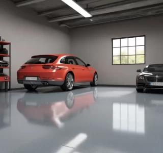 red car in garage with epoxy floor