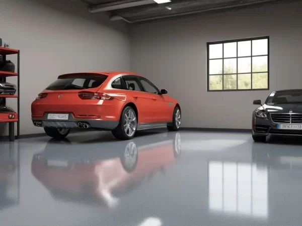 red car in garage with epoxy floor