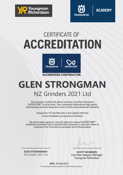 Husqvarna Certificate of Accreditation Superfloor NZ Grinders